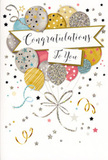 This congratulations card feels like a quiet yet joyful party, the kind that follows good news shared over dinner in a Wandsworth kitchen. At the centre of the design rises a cluster of balloons, artfully arranged so that they overlap and weave together in a soft, upward arc. The balloons glow in shades of brushed gold, luminous silver, pale champagne, gentle sky blue, blush pink, and soft grey, each one gently shaded to suggest roundness and lift. Their surfaces are adorned with elegant details: tiny metallic stars scattered like constellations, fine stripes lending a tailored touch, and flecks of glitter-like ink that shimmer subtly without overwhelming the eye. From the base of this floating bouquet, slim ribbons trail downward in lustrous gold and silver, curling across the lower portion of the card with easy, fluid curves, like streamers drifting on a gentle breeze through an open window near Wandsworth Common. Surrounding the central arrangement, small star motifs, swirling lines, and confetti-like curls dance against a pale, uncluttered background, creating a sense of movement and celebration without clutter. A softly arched banner runs through the middle of the balloons, its edges lightly curled as if made from satin ribbon. The message Congratulations To You appears in refined, flowing calligraphy, the strokes slightly thickened and glossy, suggesting an embossed or foil-printed finish. The overall impression is of a card that balances joy and elegance perfectly, suitable for marking promotions, graduations, anniversaries, or any personal victory. Paired with a fresh bouquet delivered across Wandsworth's residential streets, this card would feel like a warm, sparkling chorus of admiration captured on paper.